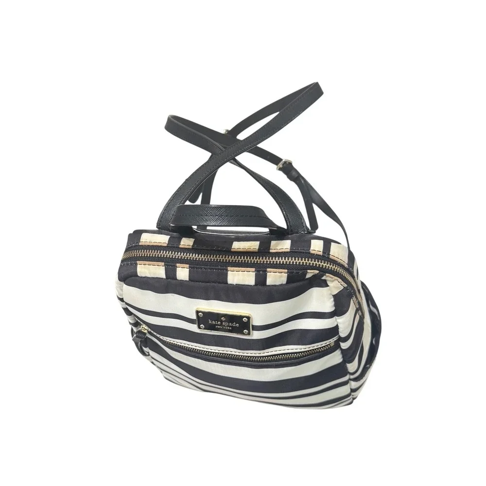 Kate Spade Striped Nylon Backpack Womens Medium Black White Fair Saffiano‎ Trim